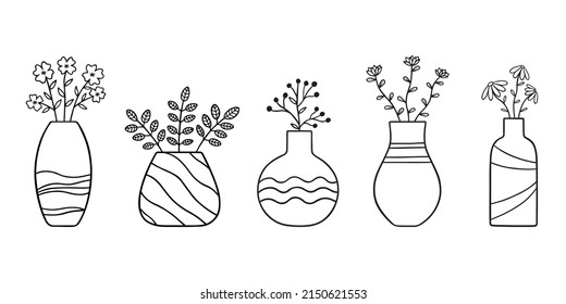 Hand drawn set of flowers and branches in a vase. doodle.  Home plants in sketch style.  Vector illustration isolated on white background.