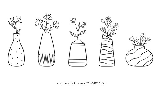 Hand drawn set of flowers and branches in a vase. doodle.  Home plants in sketch style.  Vector illustration isolated on white background.