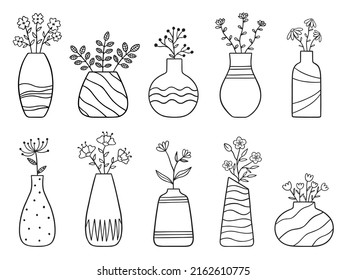 Hand drawn set of flowers and branches in a vase. doodle.  Home plants in sketch style.  Vector illustration isolated on white background.