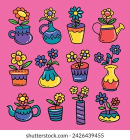 Handgezeichnetes Set von Blumen und Ästen in einer Vase Doodle