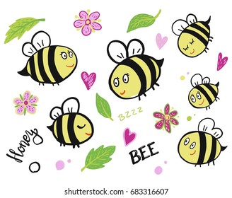 Hand drawn set of fly cute bee with flower, lettering text. Vector illustration for honey card, banner. Cartoon bumble beezy flat style.