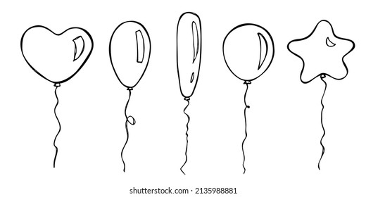 Hand drawn set of flying balloon illustration isolated on a white background. Birthday party balloon doodle. Holiday clipart.
