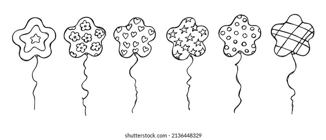 Handgezeichneter Satz fliegender Ballongrafik einzeln auf weißem Hintergrund. Geburtstagsfeier Ballondoodle. Feiertagsklips-Kunst.