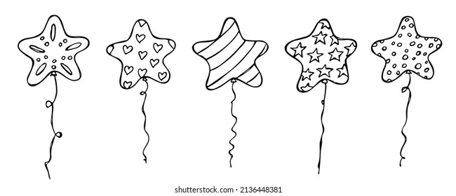 Hand drawn set of flying balloon illustration isolated on a white background. Birthday party balloon doodle. Holiday clipart.