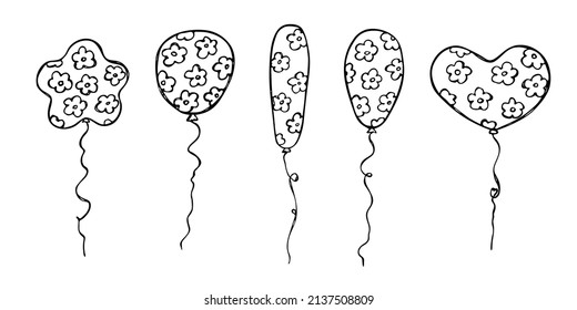 Hand drawn set of flying balloon illustration isolated on a white background. Birthday party balloon doodle. Holiday clipart.