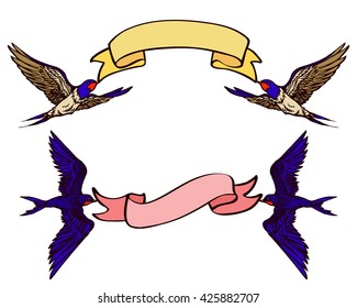 Hand drawn set  flying swallows with ribbon. Yellow and pink  banners with birds