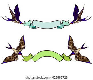 Hand drawn set  flying swallows with ribbon. Blue and green banners with birds