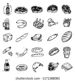 Hand drawn set of food and beverages, doodles meat, sausages, bakery products, beer, cola, fast food. Vector illustration.