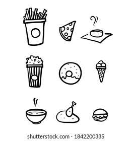 hand drawn Set of Foods, Drinks Related Vector Line Icons in doodle style vector