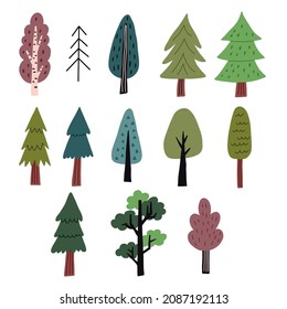 Hand drawn set forest trees elements in vector naive art illustration