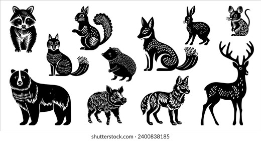 Hand drawn set with forest wild animals in linocut style. Isolated on white background.