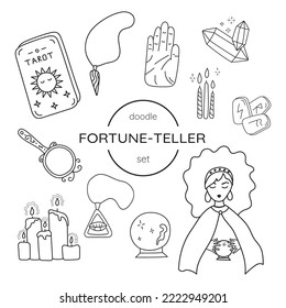 Hand drawn set of fortune teller, soothsayer. Isolated on white background