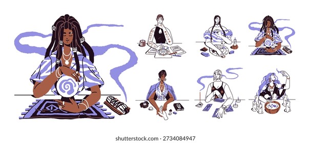 Mão desenhada conjunto de mulheres adivinhadoras. Os adivinhos fazem adivinhação com cartas de tarô, bola mágica e leitura de palma. Futuros contadores fazem destino, profecia. Ilustrações vetoriais isoladas planas no branco