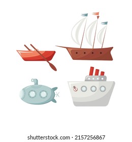 Hand drawn set with four cute sea transport in flat childish style, isolated vector illustration