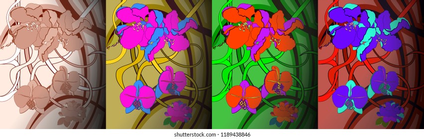 Hand drawn set of four patterns in art Nouveau style. Vector illustration.Ornate floral background .  Modern design for textiles, printing.