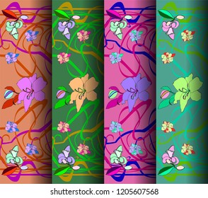 Hand drawn set of four patterns in art Nouveau style. Vector illustration.Ornate floral background .  Modern design for textiles, printing.