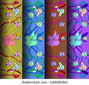 Hand drawn set of four patterns in art Nouveau style. Vector illustration.Ornate floral background .  Modern design for textiles, printing.