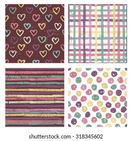 Hand drawn set of four seamless patterns . Rustic seamless patterns in naive style