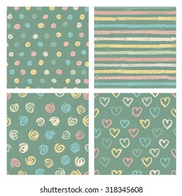 Hand drawn set of four seamless patterns . Rustic seamless patterns in naive style