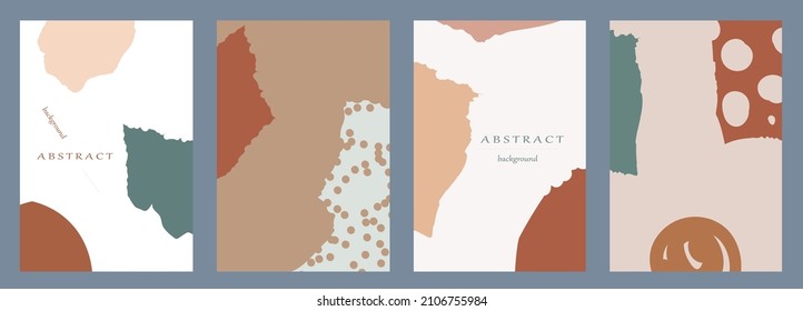 Hand drawn set of four stories templates with abstract line art shapes in cream, green and brown. Trendy minimalist style flyer, card, social media, post design.