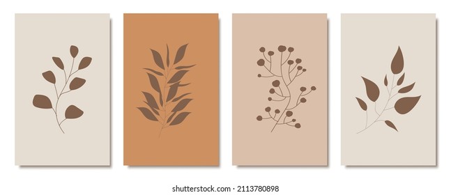 Handgezeichnete, vierstöckige Vorlagen mit abstrakten Linienformen in Creme, Beige und Braun. Trendy minimalistische Stil Flyer, Karte, soziale Medien, Post Design.