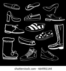 a hand drawn set of fourteen types of shoes 