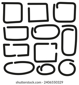 Hand drawn set of frame elements in doodle style. Sketchy square, rectangular, circle empty boxes