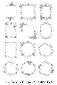 Hand drawn set with frame, wreath, cones and branches. Vector illustrations