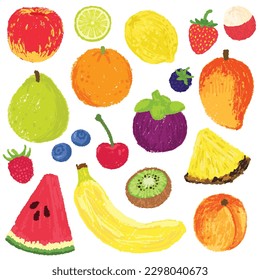 Hand drawn set of fresh fruits pattern. Fruit isolated on white background. Organic fruits vector illustration.