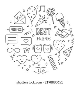 Hand drawn set of friendship doodle. Friendship day and party decoration in sketch style. Vector illustration isolated on white background