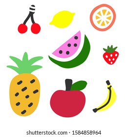 Hand drawn set of fruit and berry icon: pineapple, cherry, strawberry, watermelon, banana, apple, lemon and orange. Vegetarian food vector illustration. 