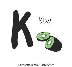 Hand drawn set of fruit and letter. Vector artistic drawing food and alphabet. Summer illustration kiwi