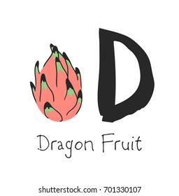 Hand drawn set of fruit and letter. Vector artistic drawing food and alphabet. Summer illustration dragon fruit