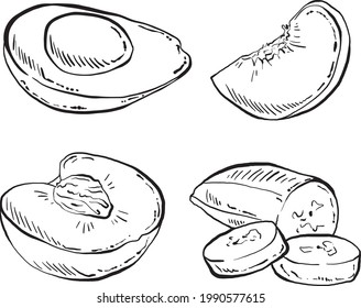 Hand Drawn set of Fruits - Avocado, Peaches, Banana. Vector Illustrations for menu, packing, advertising, cooking book