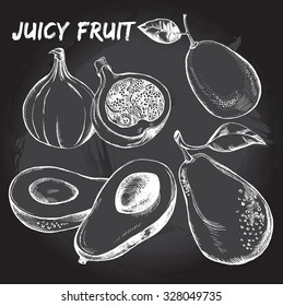 Hand drawn set of fruits - kumquat, figs, avocados. Vector Illustration.