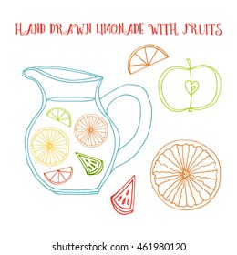 Hand drawn set with fruits lemonade: slice of lemon, orange, watermelon, apple, seeds. Half of fruits from different sides. Vector stock illustration. Sangria summer drink. 