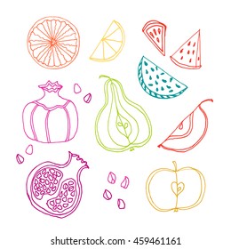 Hand drawn set with fruits: slice of lemon, orange, watermelon, pear, apple, pomegranate, seeds. Half of fruits from different sides. Vector stock illustration. 