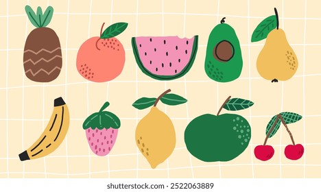 Hand drawn set fruits. Strawberry, pear, watermelon, avocado, watermelon, cherry, apple, banana and strawberry