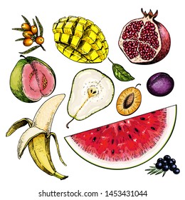 Hand drawn set of fuits. Vector colored isolated objects. Sea buckthorn, mango, pomegranate, pear, plum, banana, watermelon, blueberry. For restaurant menu food package poster design
