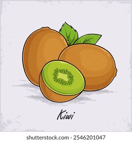 Hand drawn set of fully and half cut brown kiwis with green leaves on top full of vitamins isolated