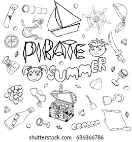 Hand Drawn Set Fun Children Game of Pirates. Drawing Cute Kids and Toys. Handwritten Text with Sketch Icons.