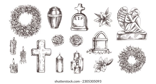 Hand drawn set for  Funeral service.  Vector illustration. Attributes and symbols of condolence, loss, dead, bereavement and cemetry. Sketch of vintage stone angel, tombstone, urn, cross svg