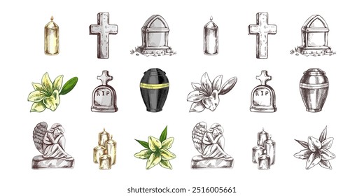 Hand drawn set for Funeral service. Vector illustration. Attributes and symbols of condolence, loss, dead, bereavement and cemetry.	