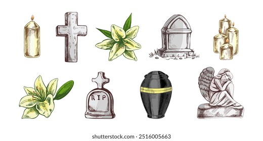 Hand drawn set for Funeral service. Vector illustration. Attributes and symbols of condolence, loss, dead, bereavement and cemetry.	