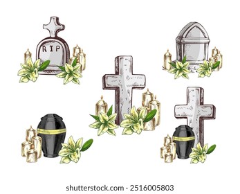 Hand drawn set for Funeral service. Vector illustration. Attributes and symbols of condolence, loss, dead, bereavement and cemetry.	