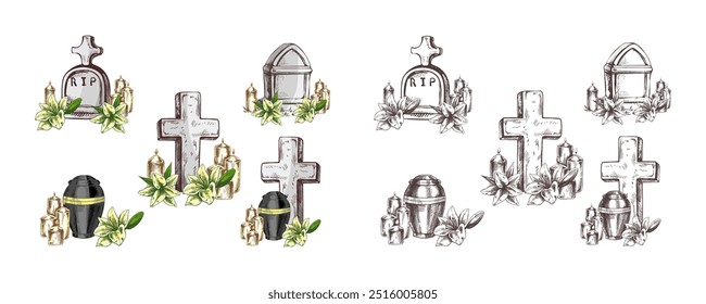 Hand drawn set for Funeral service. Vector illustration. Attributes and symbols of condolence, loss, dead, bereavement and cemetry.	