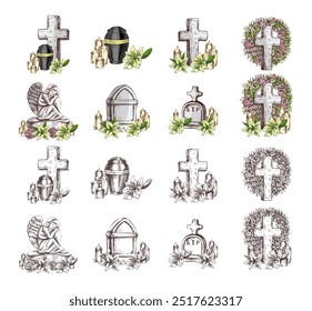 Hand drawn set for  Funeral service.  Vector illustration. Attributes and symbols of condolence, loss, dead, bereavement and cemetry. Sketch of vintage stone angel, tombstone, urn, cross