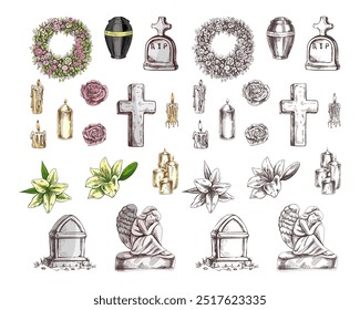 Conjunto desenhado à mão para o serviço funerário.  Ilustração vetorial. Atributos e símbolos de condolências, perdas, mortos, luto e cemitério. Esboço de vintage pedra anjo, lápide, urna, cruz