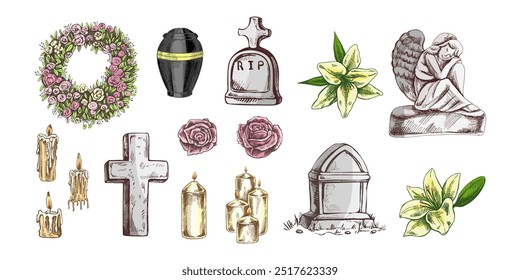 Handgezeichnetes Set für die Trauerfeier.  Vektorgrafik. Attribute und Symbole des Beileids, Verlust, Tod, Trauer und Friedhof. Skizze von Vintage Stein Engel, Grabstein, Urne, Kreuz