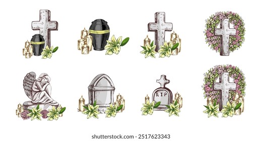 Handgezeichnetes Set für die Trauerfeier.  Vektorgrafik. Attribute und Symbole des Beileids, Verlust, Tod, Trauer und Friedhof. Skizze von Vintage Stein Engel, Grabstein, Urne, Kreuz